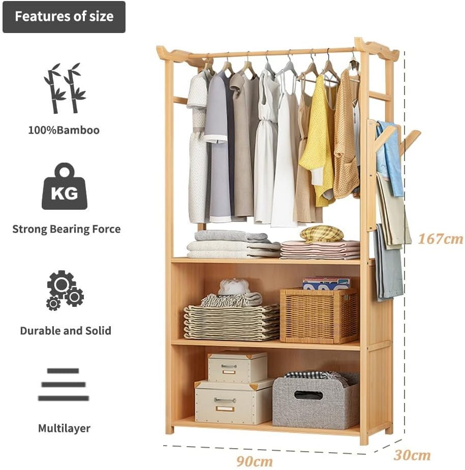 Minimalist Bamboo Garment Rack with Storage Shelf, for Hanging Clothes, for Entryway Bed Room, 90x30x167cm