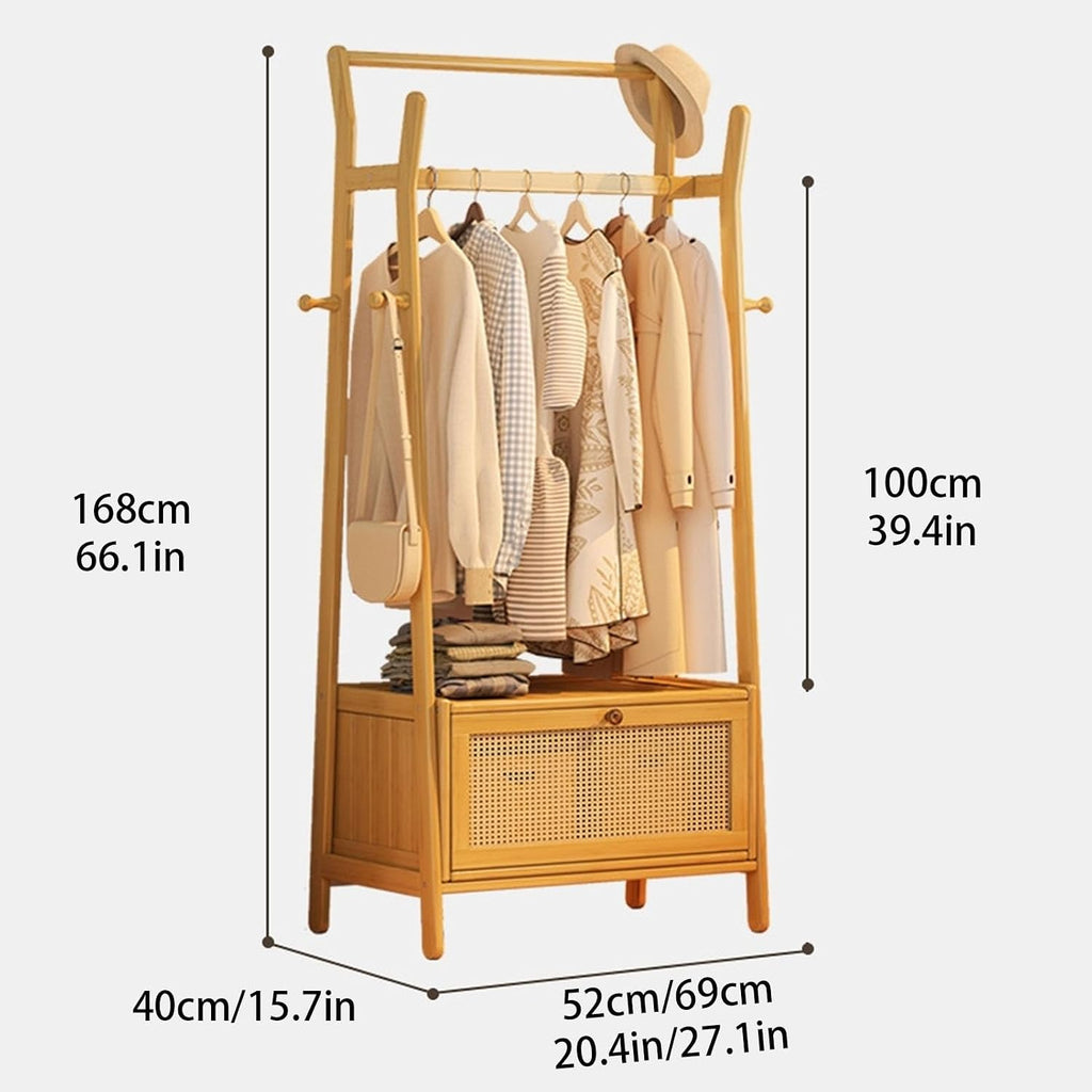 Clothes Rack, Garment Rack, Bamboo Clothing Rack, Clothing Rack with Storage, Open Wardrobe, Wooden Clothing Racks for Hanging Clothes, Suitable for Entrances, Bedrooms(Brown,52cm/20.4in)
