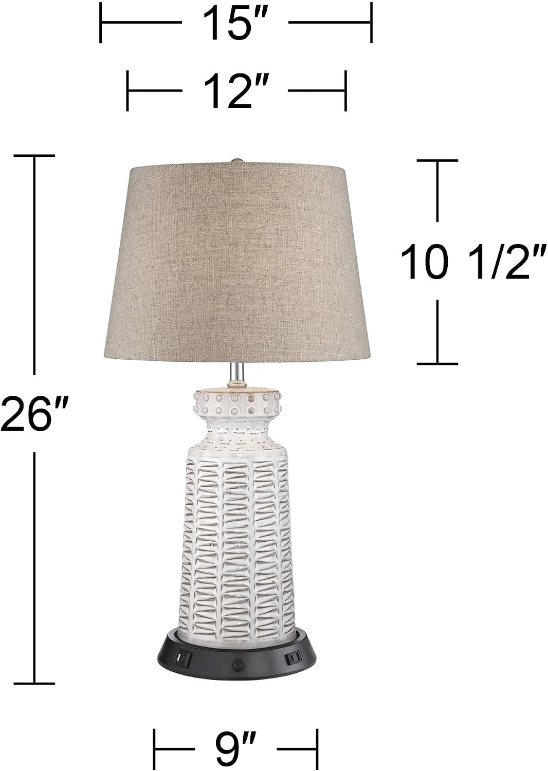 360 Lighting Helene Country Cottage Table Lamp with Dimmable USB and AC Power Outlet Workstation Charging Base 26' High Cream White Ceramic Tan Drum Linen Shade Living Room (Color May Vary)
