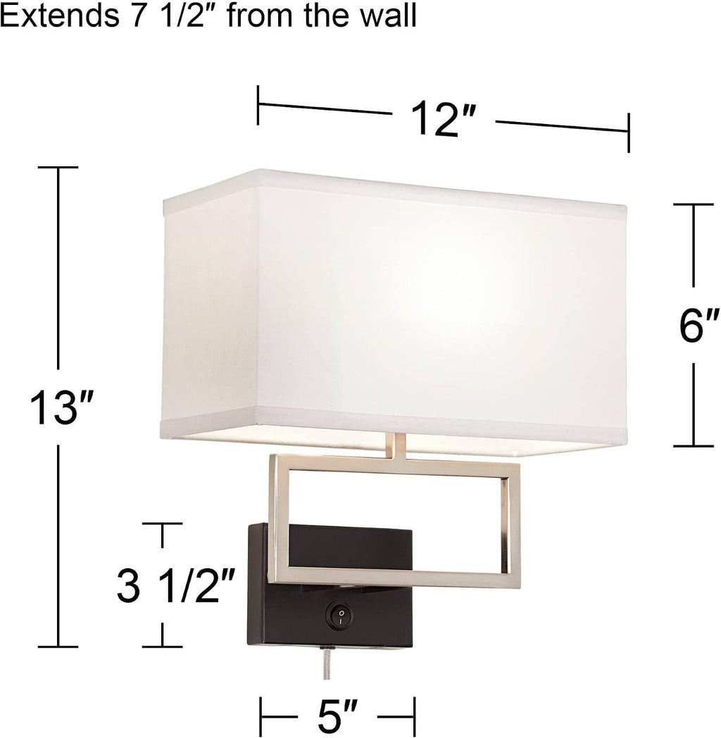 Possini Euro Design Trixie Modern Wall Lamps Set of 2 with Smart Sockets Brushed Nickel Plug-in 12' Fixture Rectangular Fabric Shades for Bedroom Bedside Reading Living Room Hallway House Home