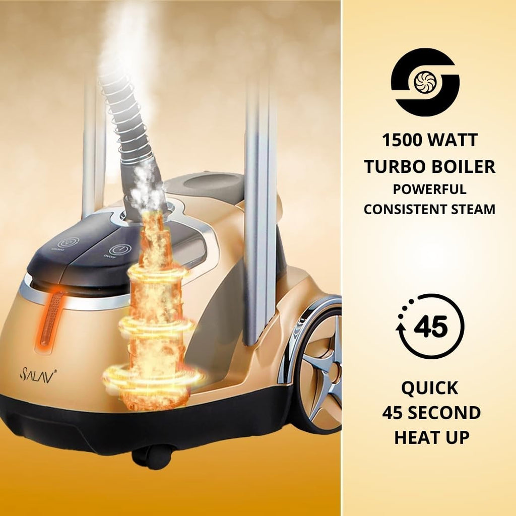 SALAV Professional Garment Steamer 1500W with Foot Pedal Control | 45s Fast Heat Up, 1.8L Tank, Up to 1 Hour Continuous Steam, Stainless Steel Nozzle & Wheels – Gold