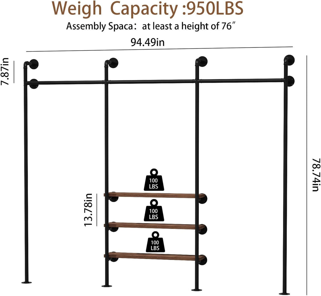 HOMEKAYT Industrial Pipe Clothes Rack,Wall Mounted Clothing Rack with Shelves, Heavy Duty Multi-Purpose Storage Clothes Hanging Shelf - 94.5''L Black