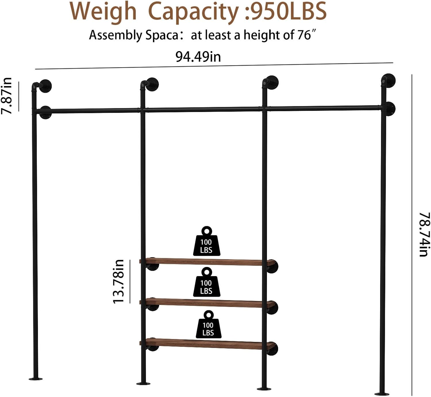 HOMEKAYT Industrial Pipe Clothes Rack,Wall Mounted Clothing Rack with Shelves, Heavy Duty Multi-Purpose Storage Clothes Hanging Shelf - 94.5''L Black