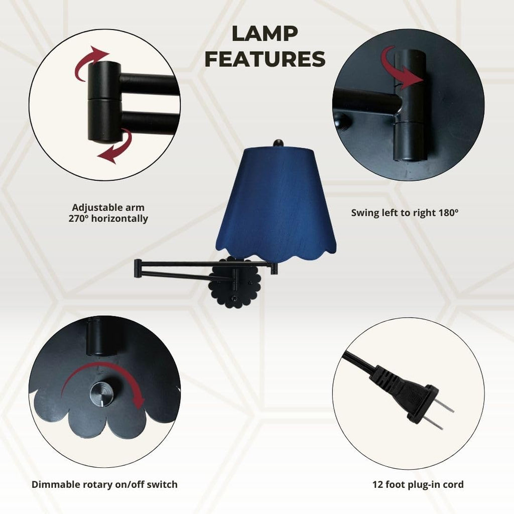 Royal Designs, Inc. Set of 2 Scalloped Swing-Arm Dimmable Wall Lamp - Black Lamp with Navy Blue Scallop Hardback Lampshade