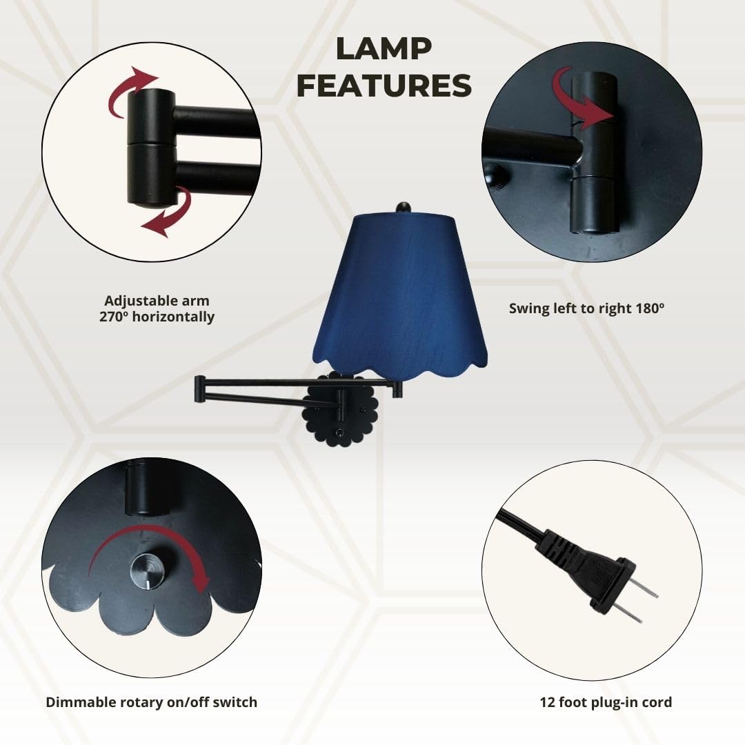 Royal Designs, Inc. Set of 2 Scalloped Swing-Arm Dimmable Wall Lamp - Black Lamp with Navy Blue Scallop Hardback Lampshade