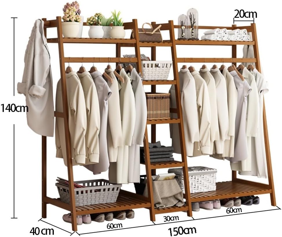 Bamboo Clothes Rail Stand - Freestanding Coat Garment Rack with Hanging Rod, Trapezoid Structure, Open Wardrobe Storage Organiser/A/50 * 40 * 140Cm,A,150 * 40 * 140Cm