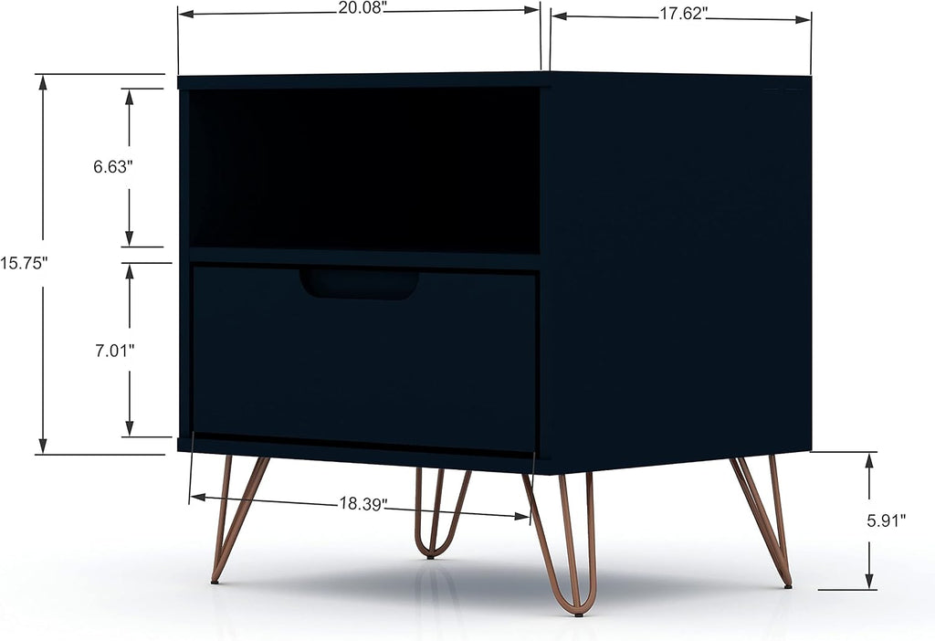 Manhattan Comfort Rockefeller Nightstands Set of 2 with Drawer and Cubby, Ideal for Bedroom and Living Room, Bedside Table with Mid Century Modern Design, Functional Storage Organizer, Blue