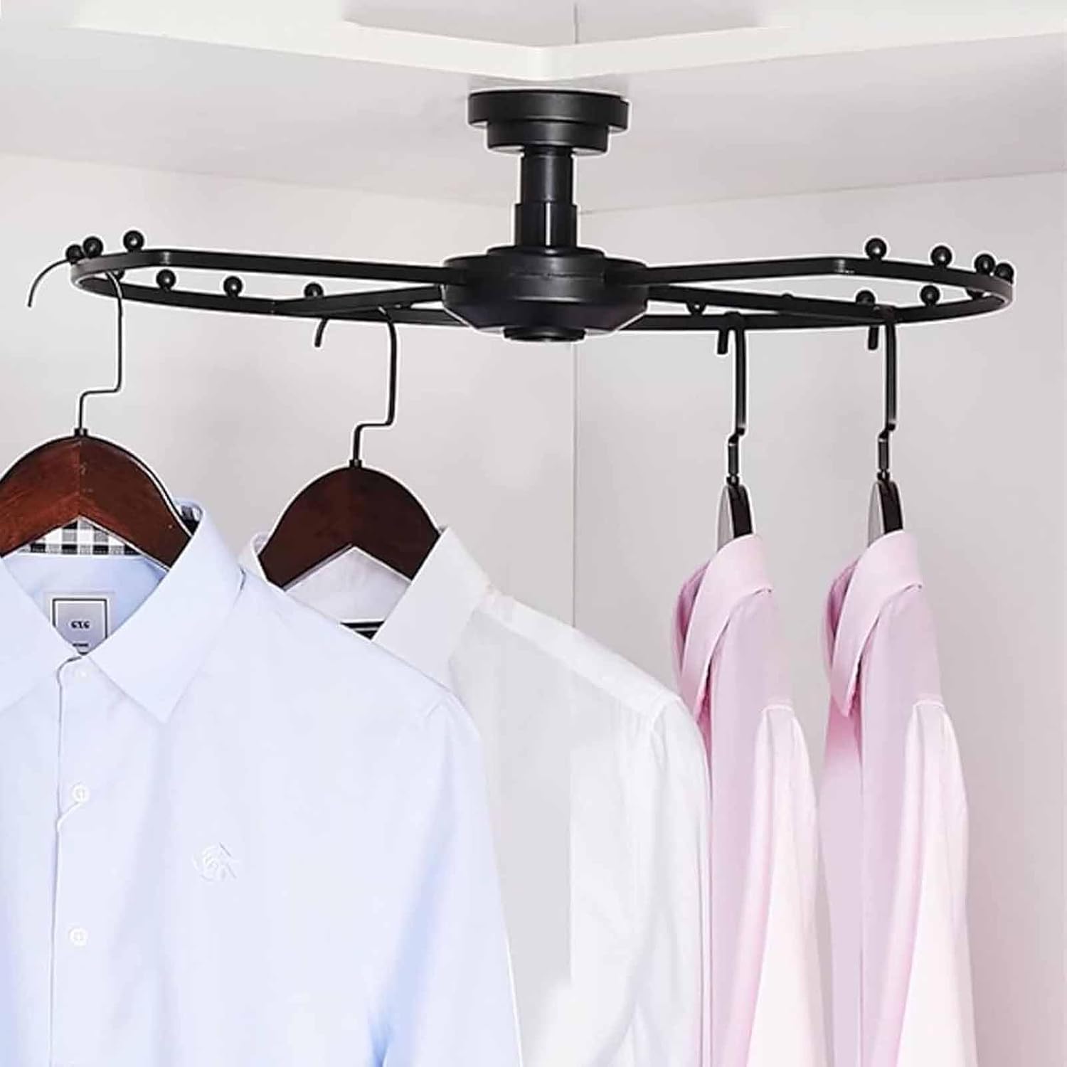 360° Rotating Corner Closet Rod - Heavy Duty Metal Round Clothing Brackets for Hanging Clothes, Space Saving Wardrobe Organizer for Cloakroom, 20.47in (black)