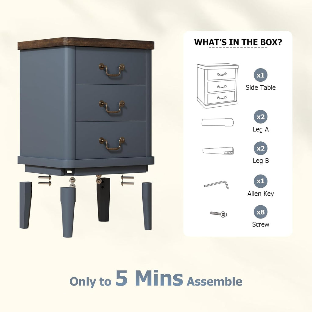 Wnutrees Farmhouse Nightstand with 3 Drawers，Modern Bedside Table with Round Curved Corner and Metal Handles, Wood End Side Table for Living Room, Hallway, Blue Set of 2