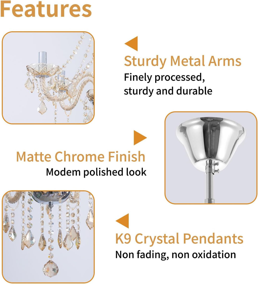 Crystal Chandeliers for Dining Room, 6-Lights Classic Cognac Pendant Light K9 Vintage Chandelier for Bedroom, Candle Ceiling Light Fixture Cognac Chandelier for Living Room Wedding Decor