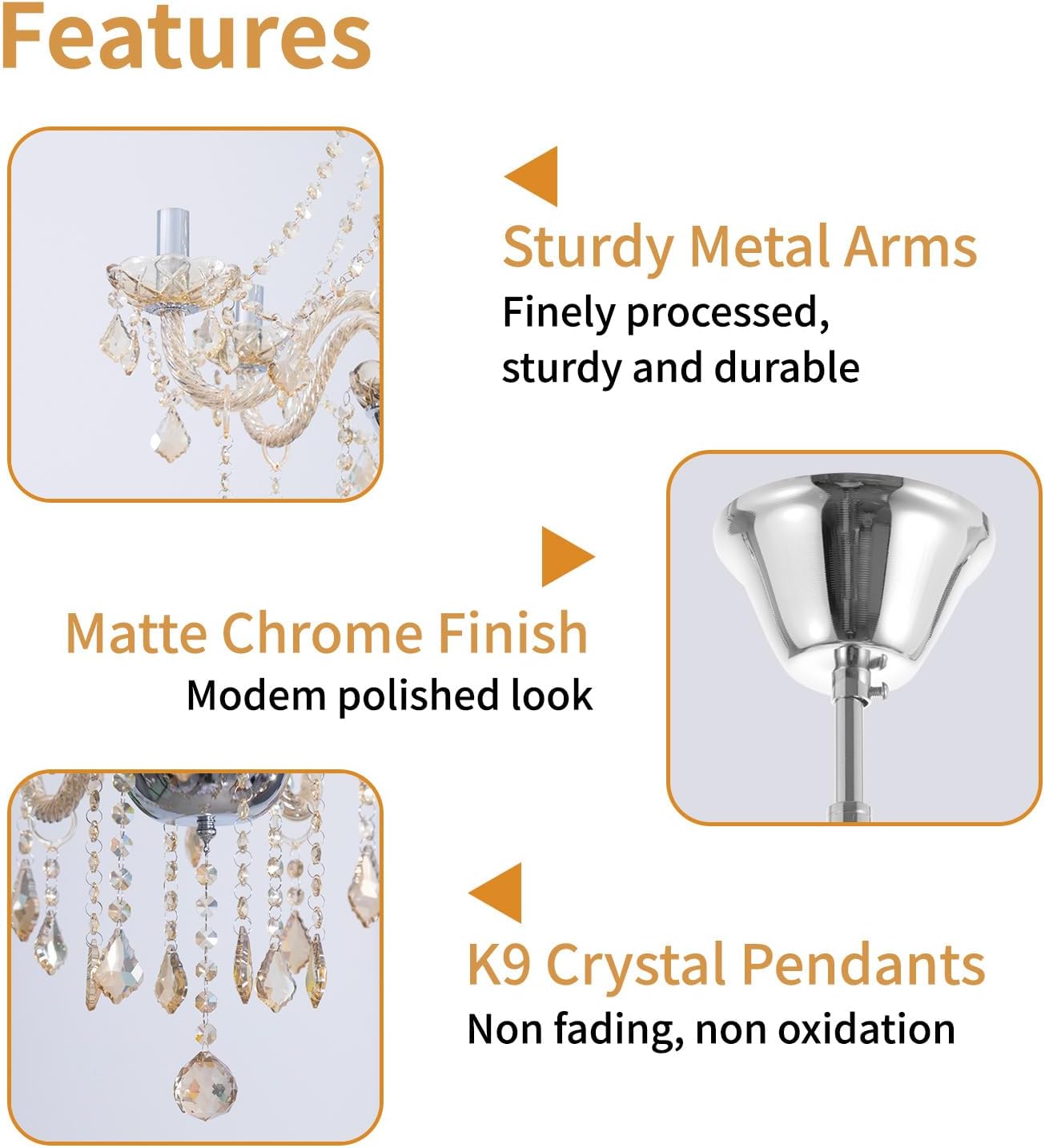 Crystal Chandeliers for Dining Room, 6-Lights Classic Cognac Pendant Light K9 Vintage Chandelier for Bedroom, Candle Ceiling Light Fixture Cognac Chandelier for Living Room Wedding Decor
