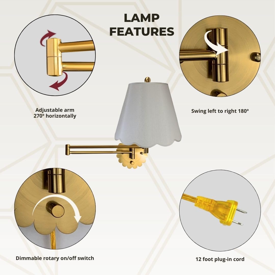 Royal Designs, Inc. Set of 2 Scalloped Swing-Arm Dimmable Wall Lamp - Brushed Satin Brass Lamp with Gray Scallop Hardback Lampshade