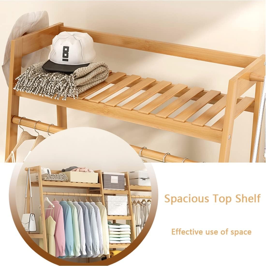Coat Rack, Bamboo Garment Rack 5 Tier Storage Shelves Clothes Hanging Rack With 2 Side Hooks Heavy Duty Clothing Rack Portable Wardrobe Closet Organizer Space Saving