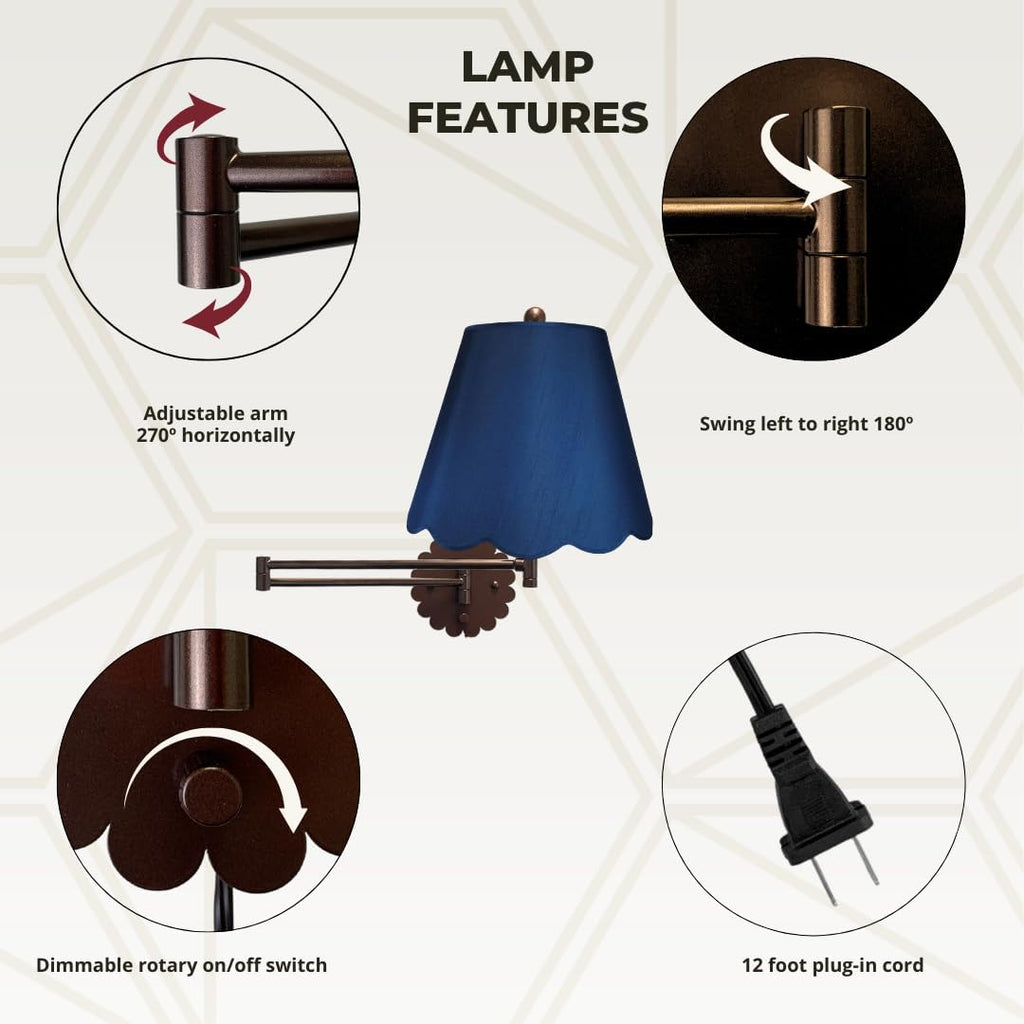Royal Designs, Inc. Set of 2 Scalloped Swing-Arm Dimmable Wall Lamp - Oil Rubbed Bronze Lamp with Navy Blue Scallop Hardback Lampshade