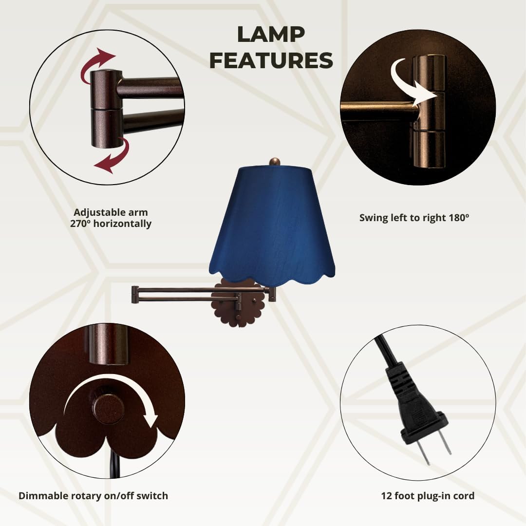 Royal Designs, Inc. Set of 2 Scalloped Swing-Arm Dimmable Wall Lamp - Oil Rubbed Bronze Lamp with Navy Blue Scallop Hardback Lampshade