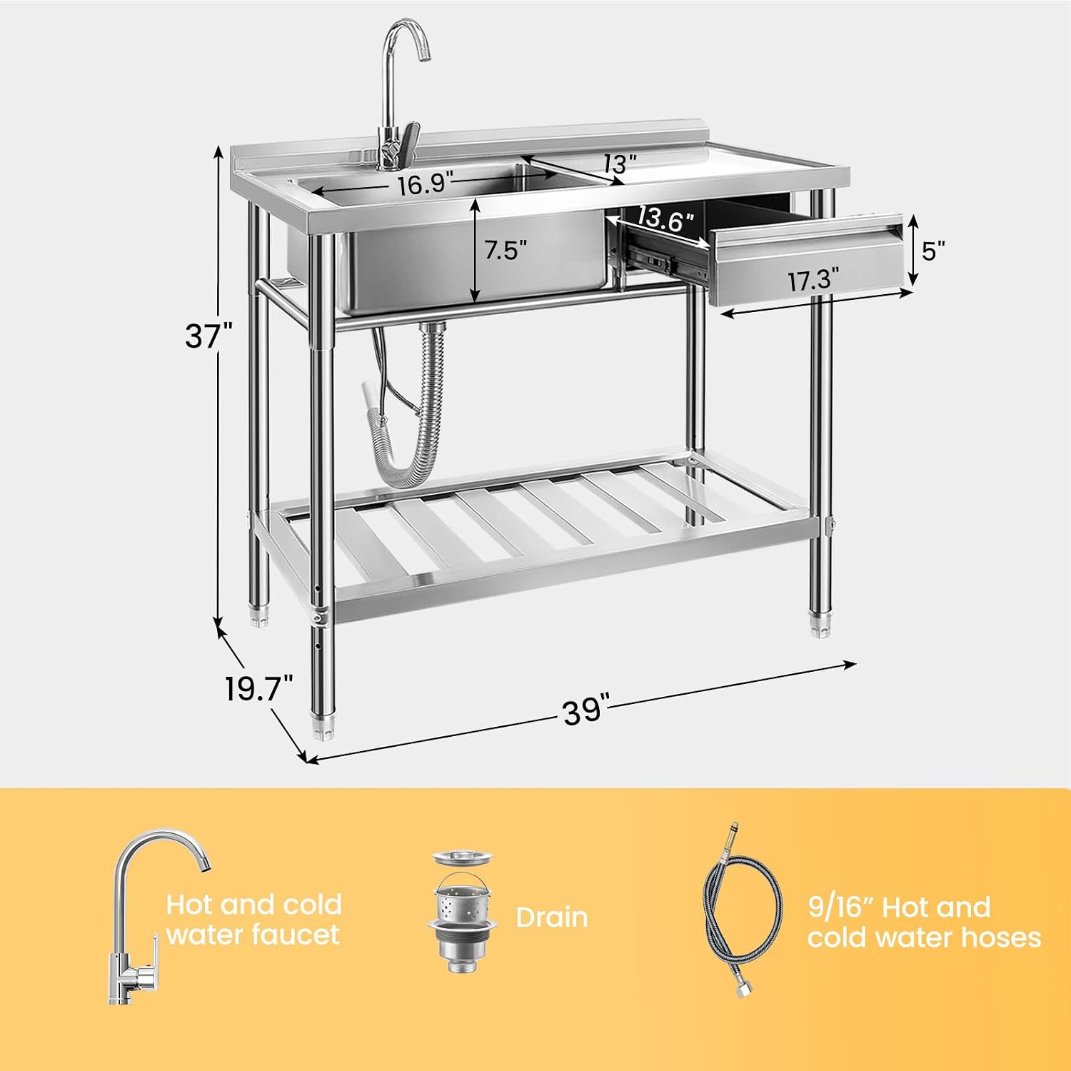 Stainless Steel Utility Sink, 39'' Free Standing Single Bowl Kitchen Sink with Right Drawer, Cold and Hot Water Pipe, Indoor and Outdoor for Laundry Room Farmhouse Kitchen(39 inch)
