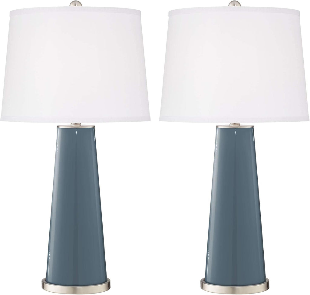 Color + Plus Leo 29 1/2' Tall Modern Coastal End Table Lamps Set of 2 Smoky Blue Finish Glass Fabric White Shade Living Room Bedroom Bedside Nightstand House Office Family Reading Kitchen Entryway