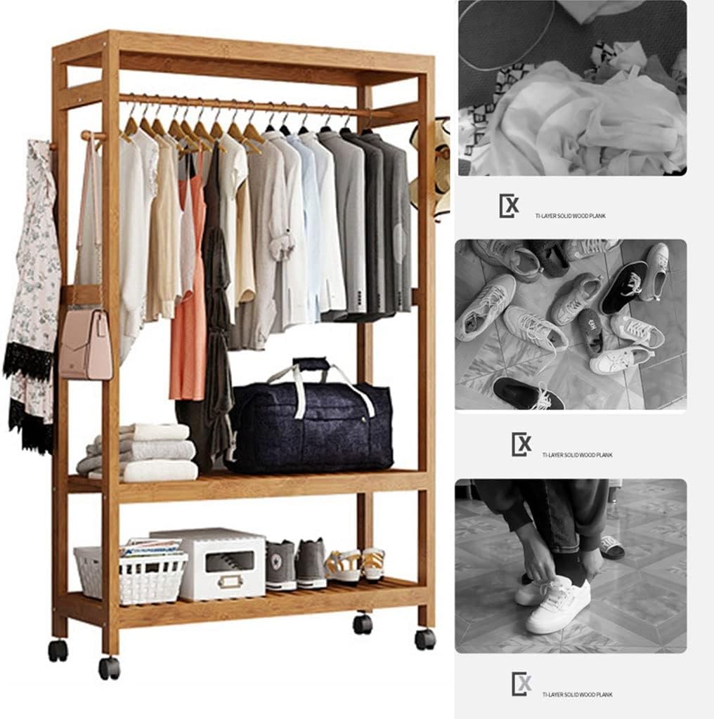 Coat Rack, Bamboo Garment Rack On Wheels Stand Heavy Duty Clothes Hanging Rack With 2 Tier Storage Shelves 4 Hooks For Clothes Shoes Hats Bags In Entryway Bedroom