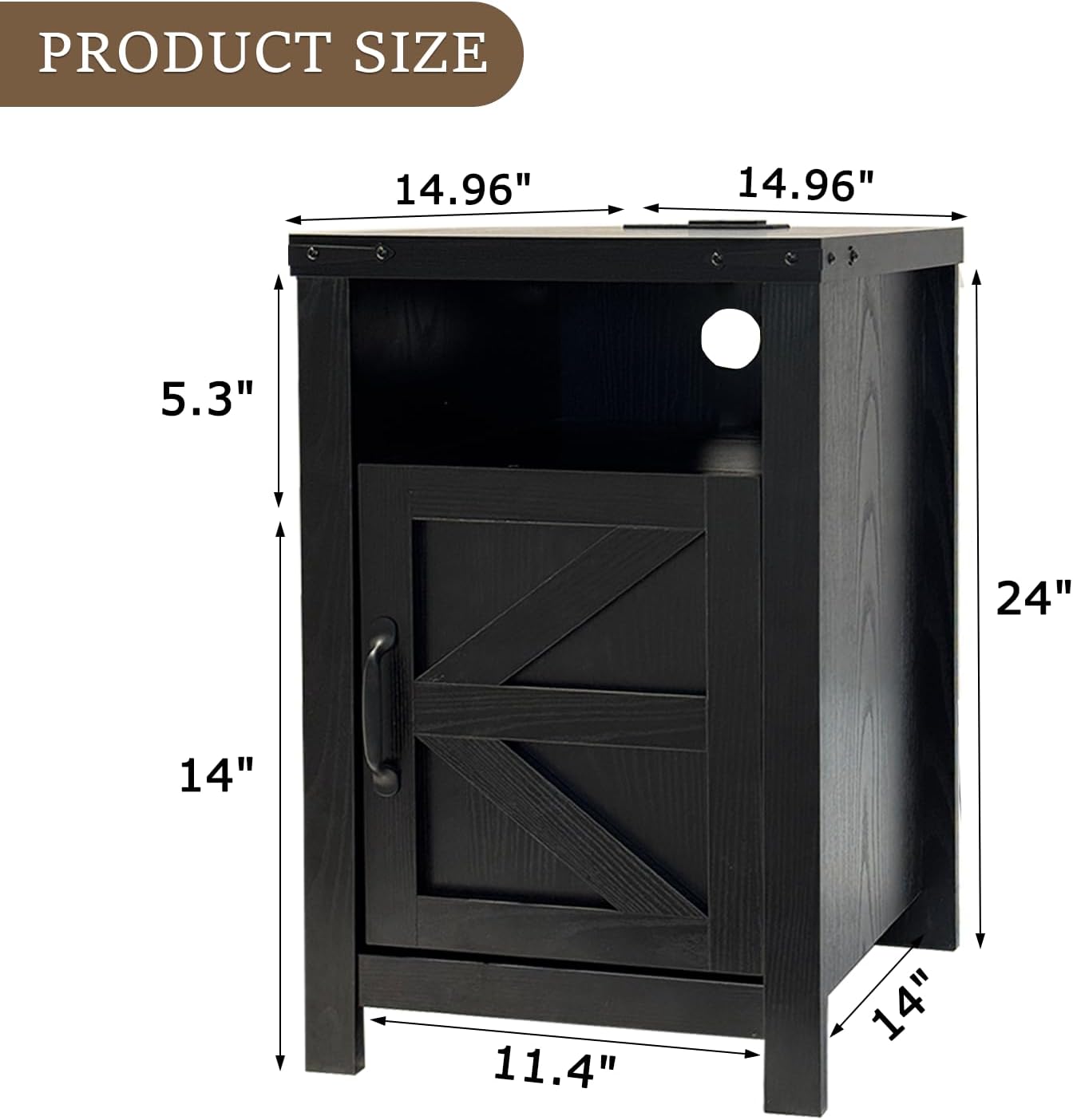 Farmhouse Nightstand Set of 2 with Charging Station, Modern Bedside Table with Barn Door and Shelf, Sofa Side Table End Table for Bedroom, Living Room, Black