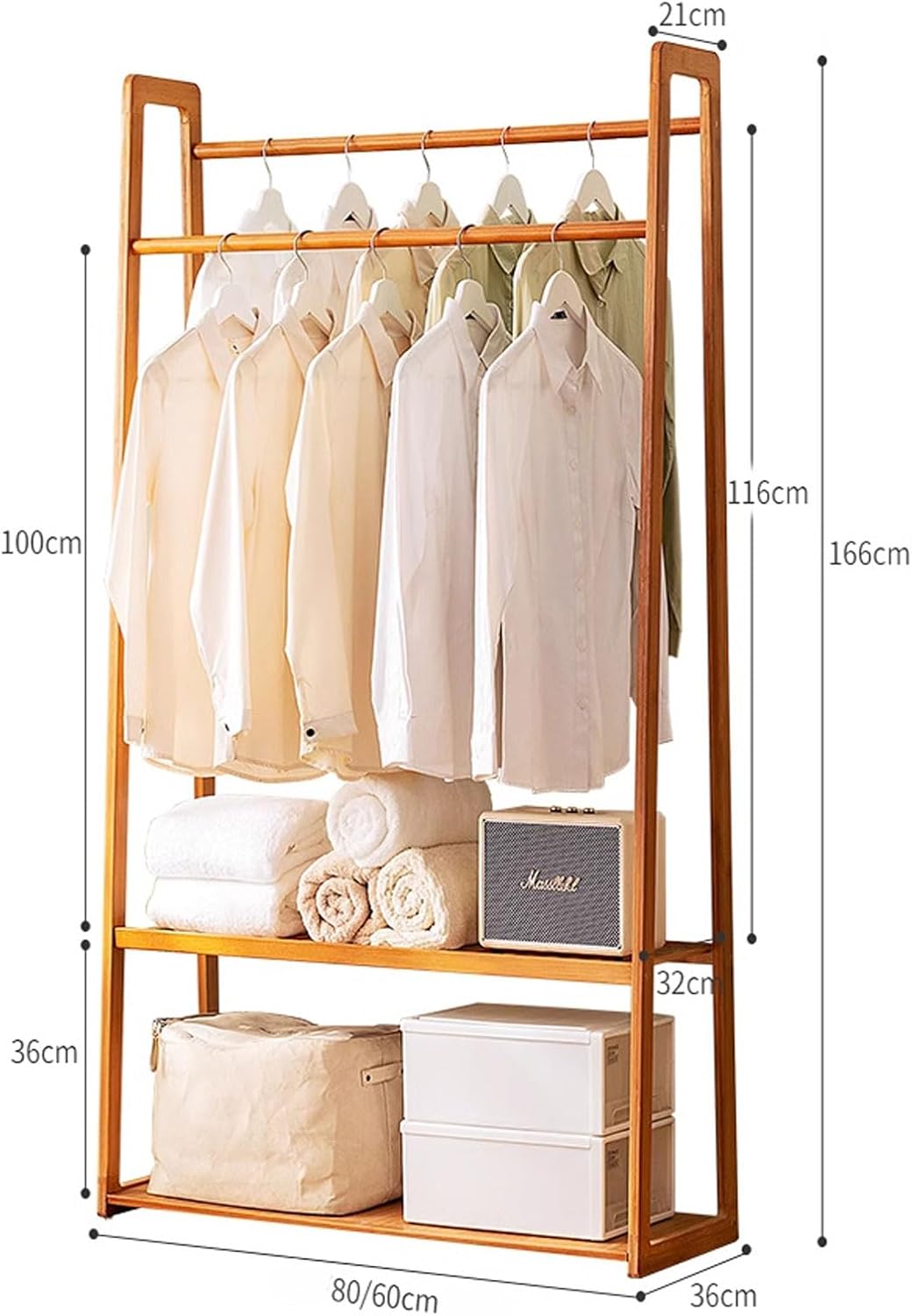 Portable Double Rod Bamboo Coat Rack, Freestanding Clothing Organizer with 2-Tier Storage Shelves, Stylish Bedroom Garment Rack for Efficient Clothes Hanging (B 80cm)