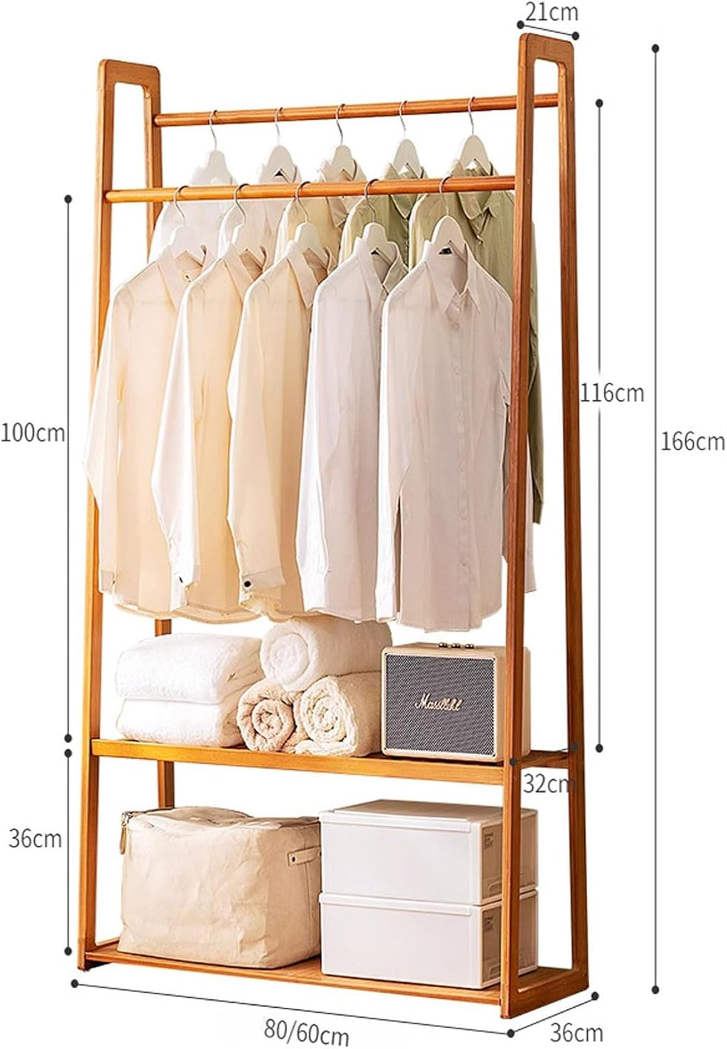 Portable Double Rod Bamboo Coat Rack, Freestanding Clothing Organizer with 2-Tier Storage Shelves, Stylish Garment Rack for Bedroom & Entryway (60cm)