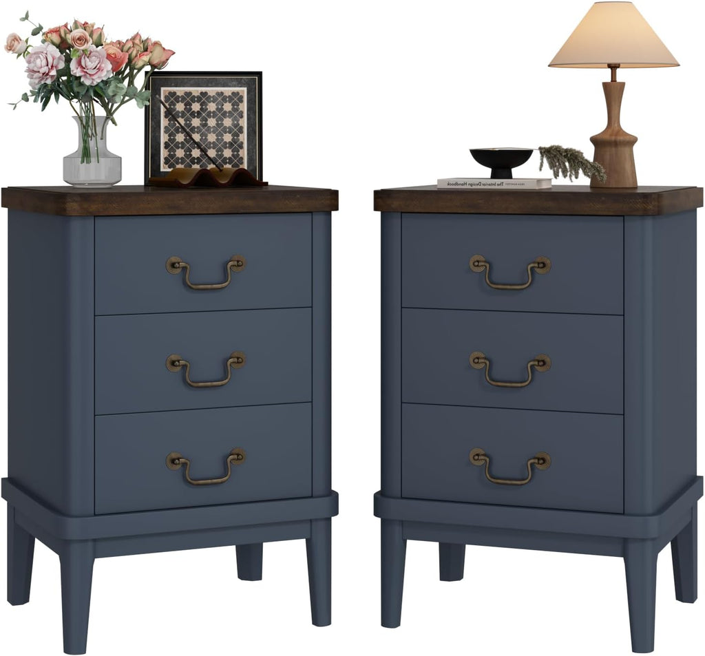 Wnutrees Farmhouse Nightstand with 3 Drawers，Modern Bedside Table with Round Curved Corner and Metal Handles, Wood End Side Table for Living Room, Hallway, Blue Set of 2