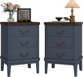 Wnutrees Farmhouse Nightstand with 3 Drawers，Modern Bedside Table with Round Curved Corner and Metal Handles, Wood End Side Table for Living Room, Hallway, Blue Set of 2