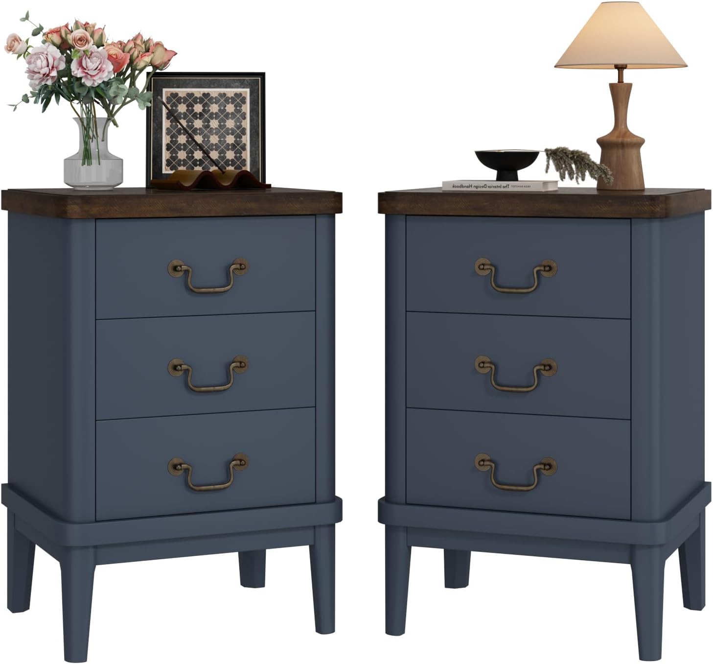 Wnutrees Farmhouse Nightstand with 3 Drawers，Modern Bedside Table with Round Curved Corner and Metal Handles, Wood End Side Table for Living Room, Hallway, Blue Set of 2