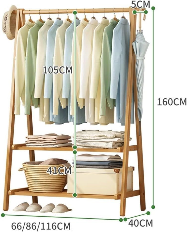 Double Layer Bamboo Clothes Rail with 160cm Hanging Height, Lightweight Foldable Coat Stand, Versatile Garment Rack for Bedroom, Stylish Storage Solution L:66/86/116CM