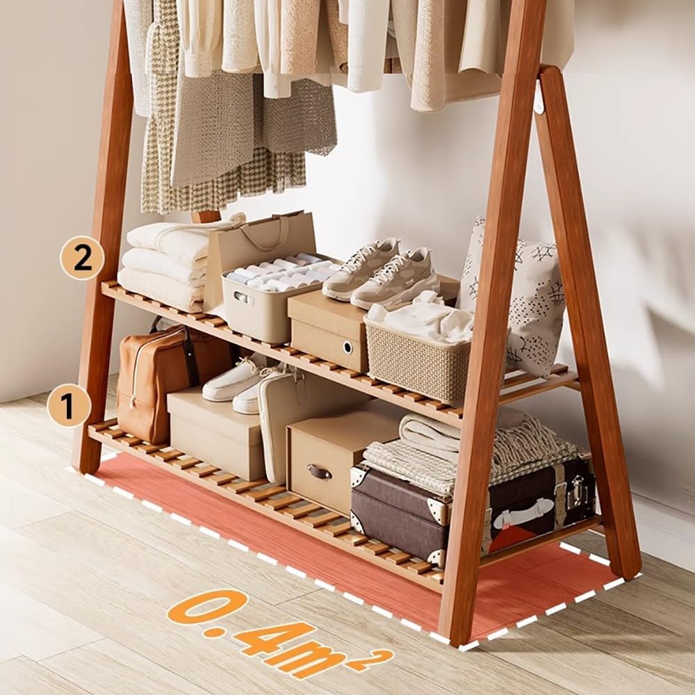 Bamboo Clothes Rail for Bedroom Storage Open Wardrobe with 2 Shelves Versatile Garment Rack for Hanging Clothes Towels Shoes & Boxes Space Saving nizer