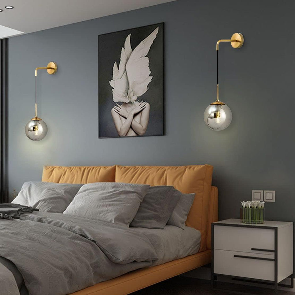 KCO Lighting Modern Glass Globe Wall Sconce Minimalist Gold Wall Mounted Sconce Light with Smoke Grey Lampshade Round Wall Lamp for Bathroom Mirror Bedroom (Smoke Grey-2PC)