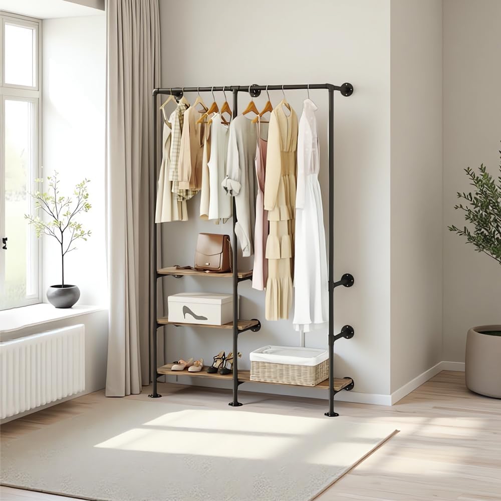 Industrial Pipe Clothing Rack with Shelves, Wall Mounted Garment Rack, Heavy Duty Choset Clothes Rack for Indoor Bedroom and as walk-in Closet System(Black)