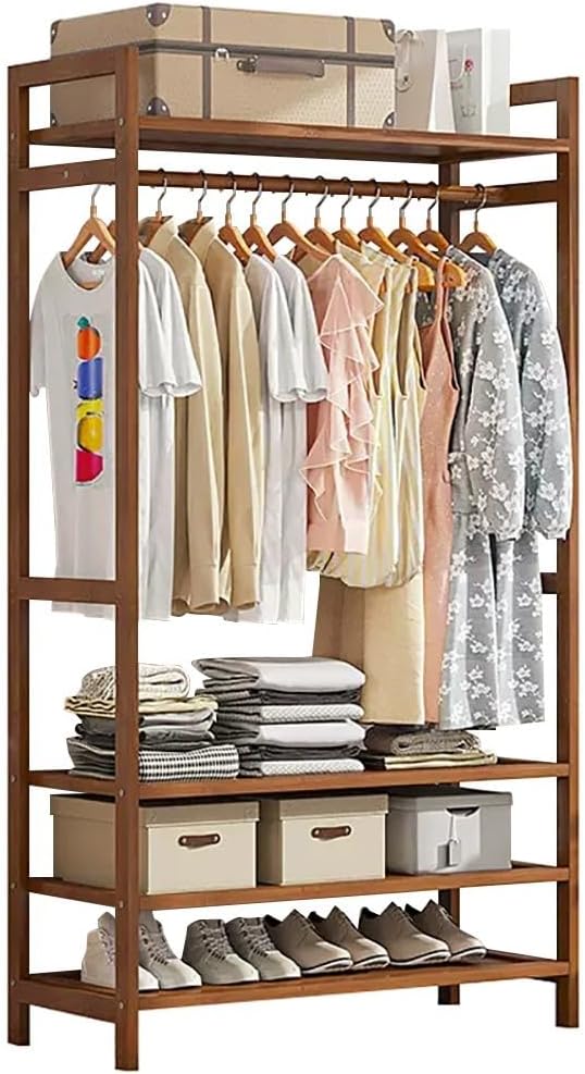 Freestanding Bamboo Clothes Rack with Hanging Rod, 2 Shelves & Hooks - Open Wardrobe Garment Storage for Bedroom & Hallway, Stylish Natural Wood Design