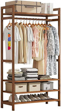 Floor-Standing Solid Wood Rotating Coat Rack，Natural Bamboo Freestanding Clothes Rack with Hanging Rod, 2 Shelves & Hooks – Stylish Garment Stand for Bedroom & Hallway Storage Solutions
