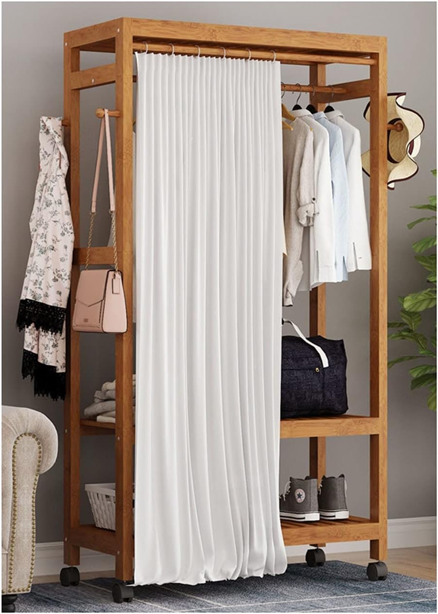 Coat Rack, Bamboo Garment Rack Heavy Duty Clothing Rack With 2-Tier Storage Shelves Clothes Hanging Rack On Wheels Minimalism Wardrobe Closet Organizer