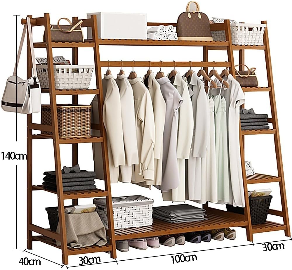 Bamboo Clothes Rail Stand - Freestanding Coat Garment Rack with Hanging Rod, Trapezoid Structure, Open Wardrobe Storage Organiser/A/50 * 40 * 140Cm,B,160 * 40 * 140Cm