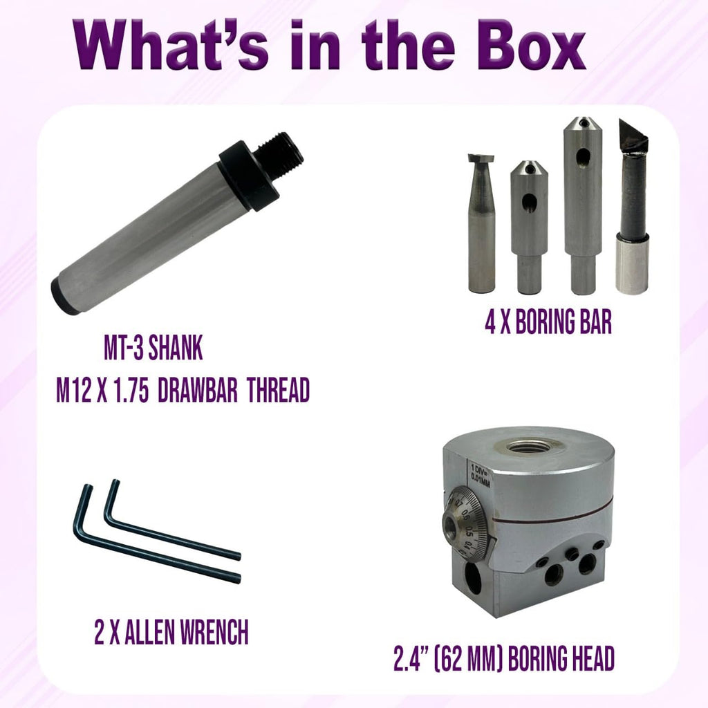 MachEl Boring Head Diameter 62 mm with 1 HSS Tool, 2 Boring Bars, and MT3 Shank (M12 x 1.75 Drawbar), 1 Division: 0.01 mm – Precision Milling Tool