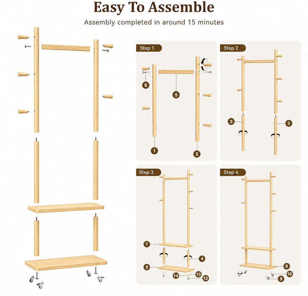 Taitiy Coat Rack Freestanding Clothing Rack with Wheels & 2 Shelves Storage & 5 Hooks Heavy Duty Clothes Rack Wood Coat Tree Stand Hat Hanger Rack for Corner Bedroom Entryway Living Room Hotel Size L