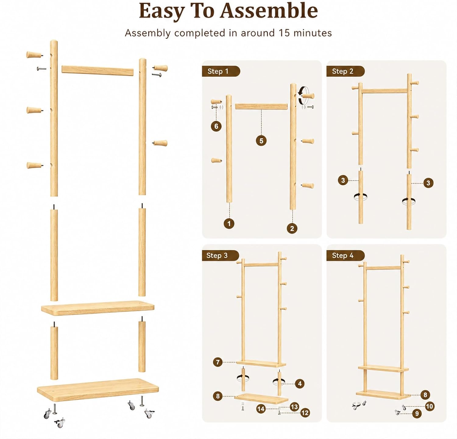Taitiy Coat Rack Freestanding Clothing Rack with Wheels & 2 Shelves Storage & 5 Hooks Heavy Duty Clothes Rack Wood Coat Tree Stand Hat Hanger Rack for Corner Bedroom Entryway Living Room Hotel Size L