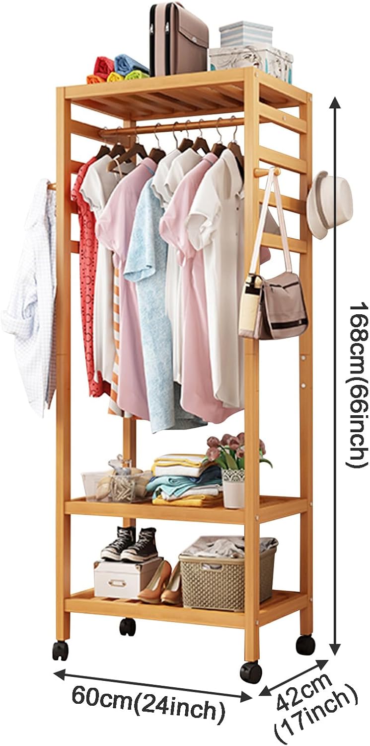 Bamboo Garment Rack Clothes Shelf Shoes Storage with 4 Hooks, Top Rod, 3 Storage Shelves, Wheels, Rolling Clothes Rack for Hanging Clothes, Clothing Racks Storage Organizer