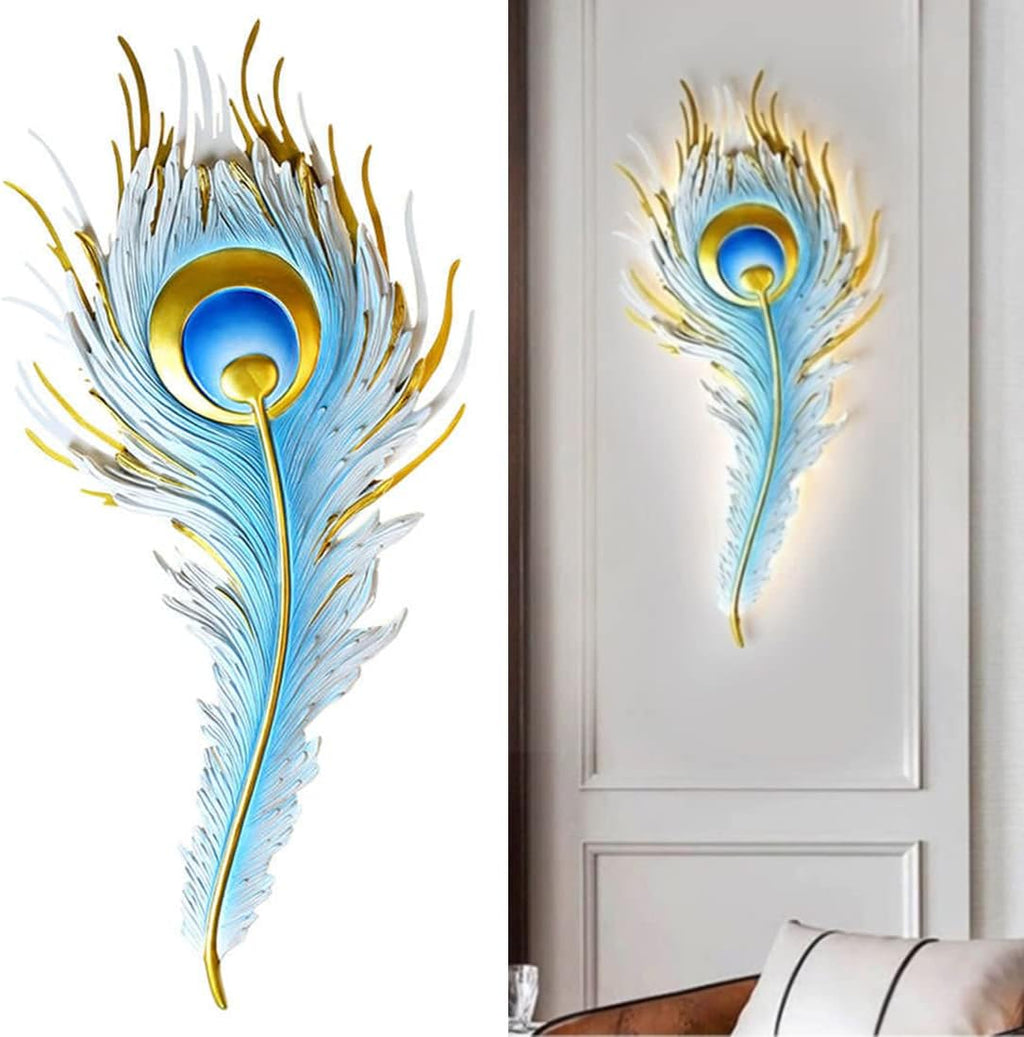 Feather Wall Lamp LED Dimmable Wall Sconce Lighting with Blue Elegant Peacock Feather Design Vintage Modern Wall Light Fixture for Bedroom Living Dining Room Hallway Deco