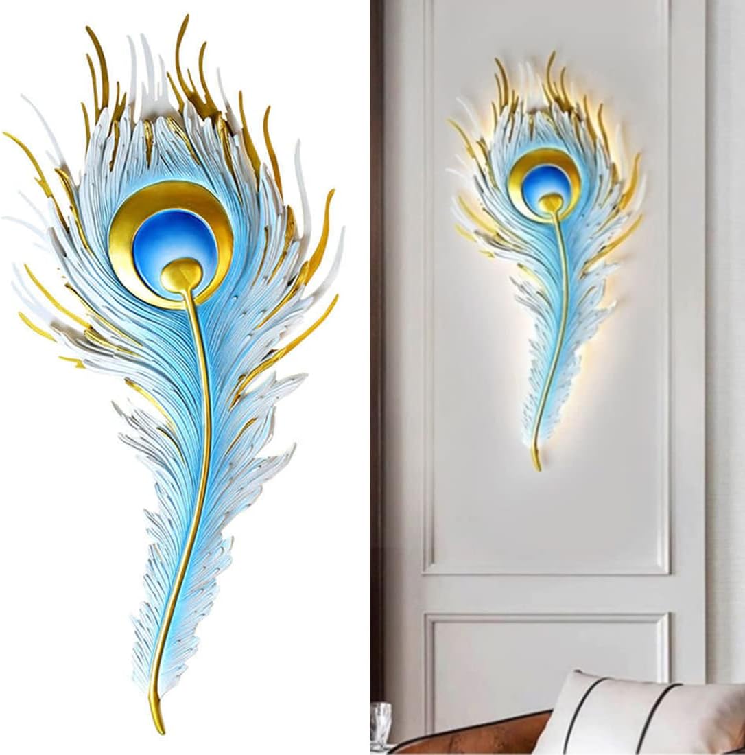 Feather Wall Lamp LED Dimmable Wall Sconce Lighting with Blue Elegant Peacock Feather Design Vintage Modern Wall Light Fixture for Bedroom Living Dining Room Hallway Deco