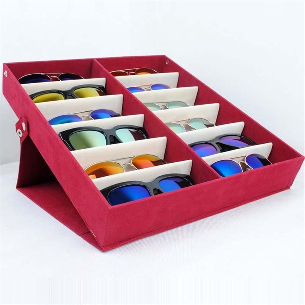 Eyeglass Displays Quality Glasses Storage Box 12 Grid Sunglasses Display Shelf Sunglass Organizer Box/Rack Eyewear Storage Usage Display Risers(Red)