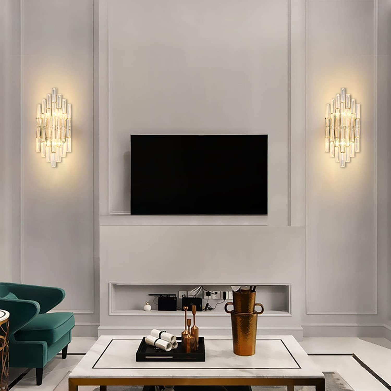 KCO Lighting Modern Crystal Wall Sconce Set of 2 Elegant Wall Mounted Light Fixture Gold Metal Wall Lamp with Clear Crystal for Bedroom Living Dining Room (Gold-2PC)
