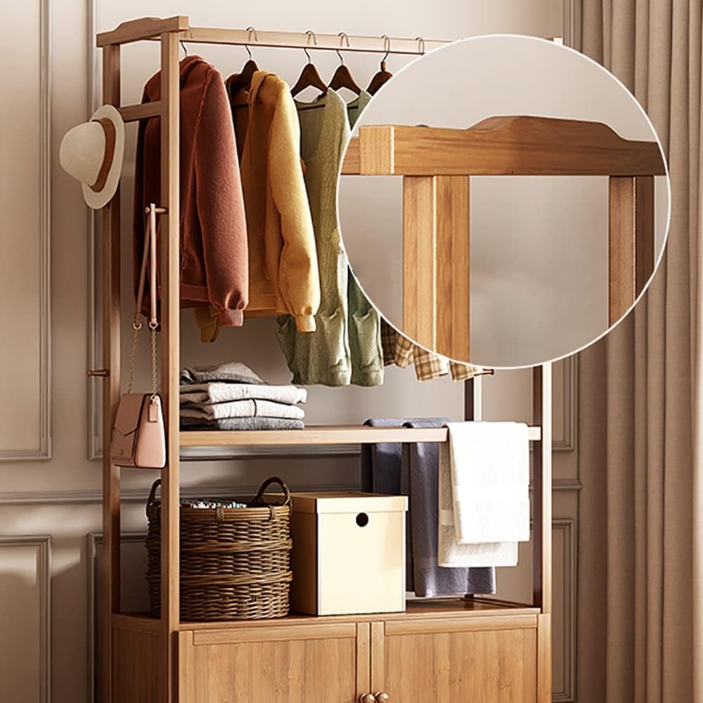 Clothes Rail Rack Bamboo, Open Wardrobe Closet,Garment Rack with Storage Shelves Organizer and One Top Rod for Hanging Clothes Bedroom, Free Standing Coat Rack 100x28x167cm