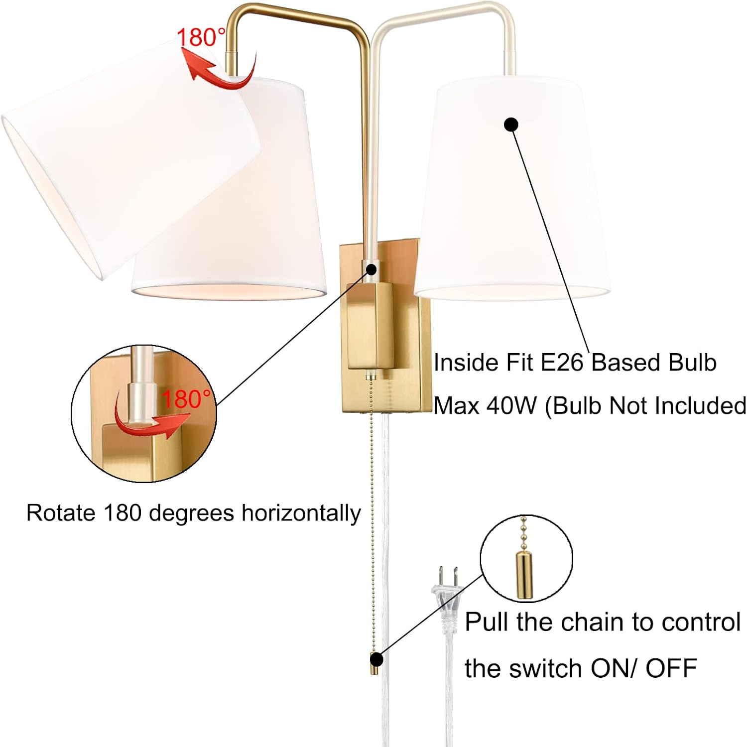 Wall Sconces Set of Two, Gold Fabric Shade Wall Sconce Bedroom Plug-in Wall Lamp Set of 2
