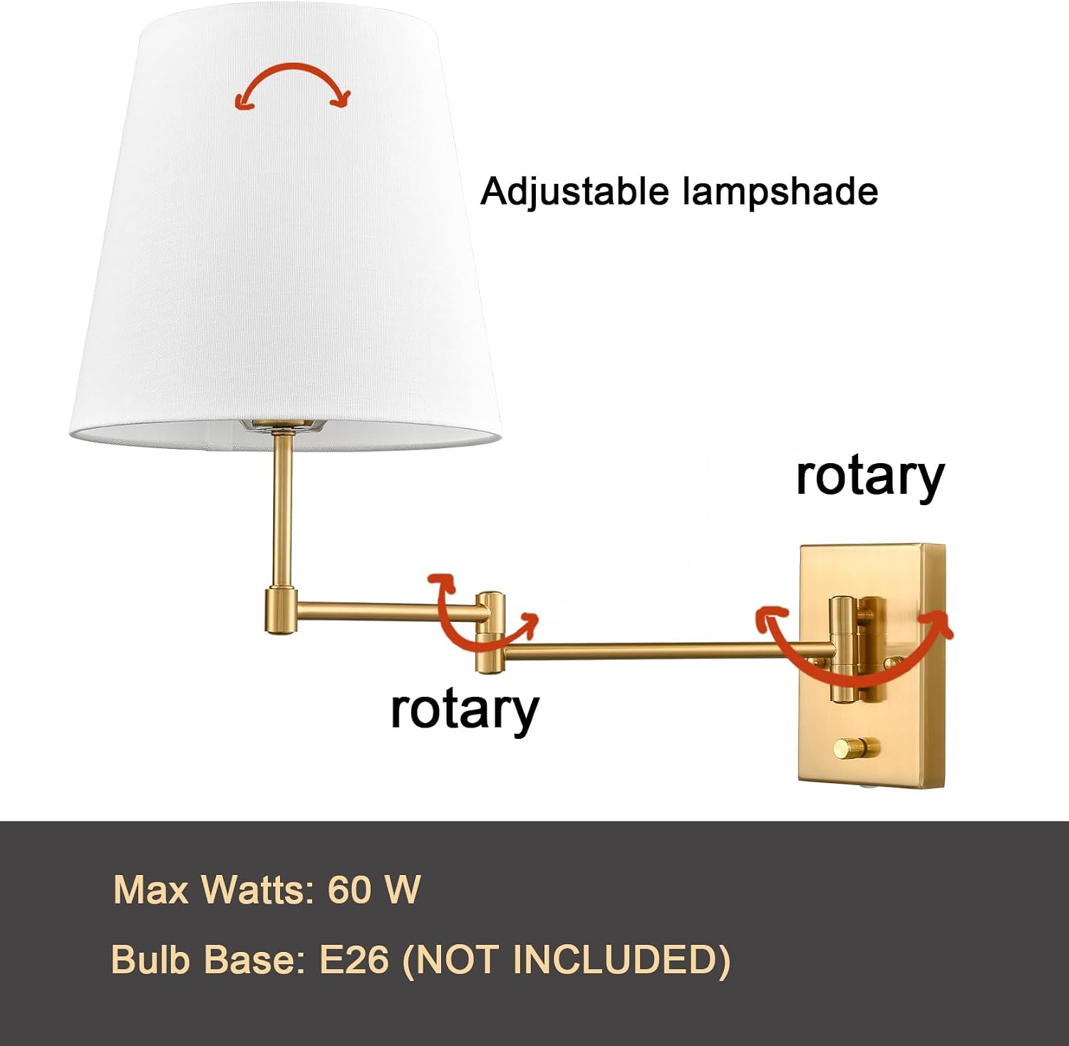 HYDELITE Gold Swing Arm Wall Lamp Brass Wall Sconces with Linen Shade | Plug-in or Hardwired Wall Light Fixtures Bedroom Bedside, House Reading, Living Room, Home Hallway, Dinning Set of 2