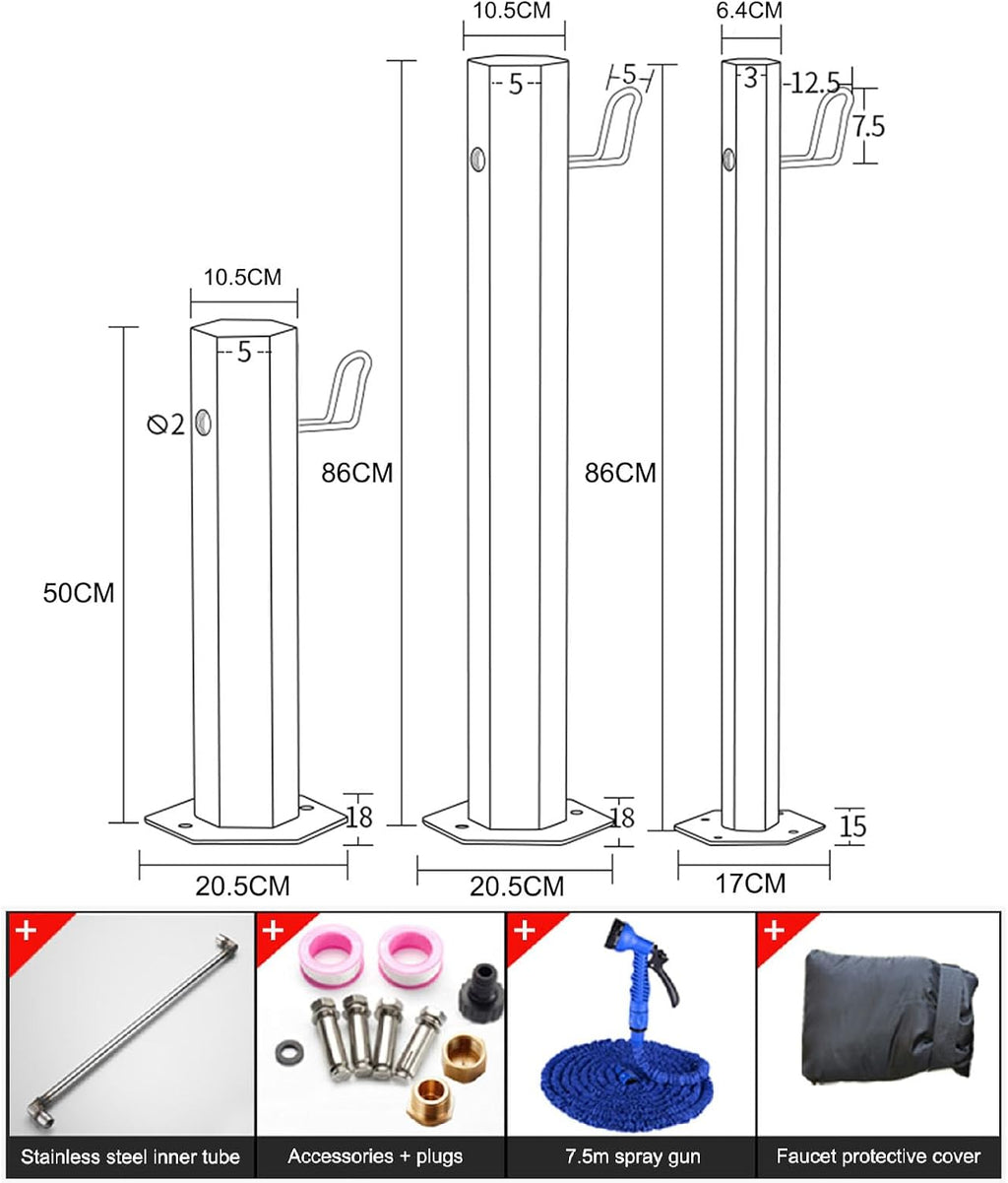 Garden Water Column Water Fountain for Patio Yard, Floor Mounted Water Tap Stainless Steel Water Pipe, Anti-Freeze Crack Standing Faucet for Watering/Irrigation(Style 3-17CM×86CM)