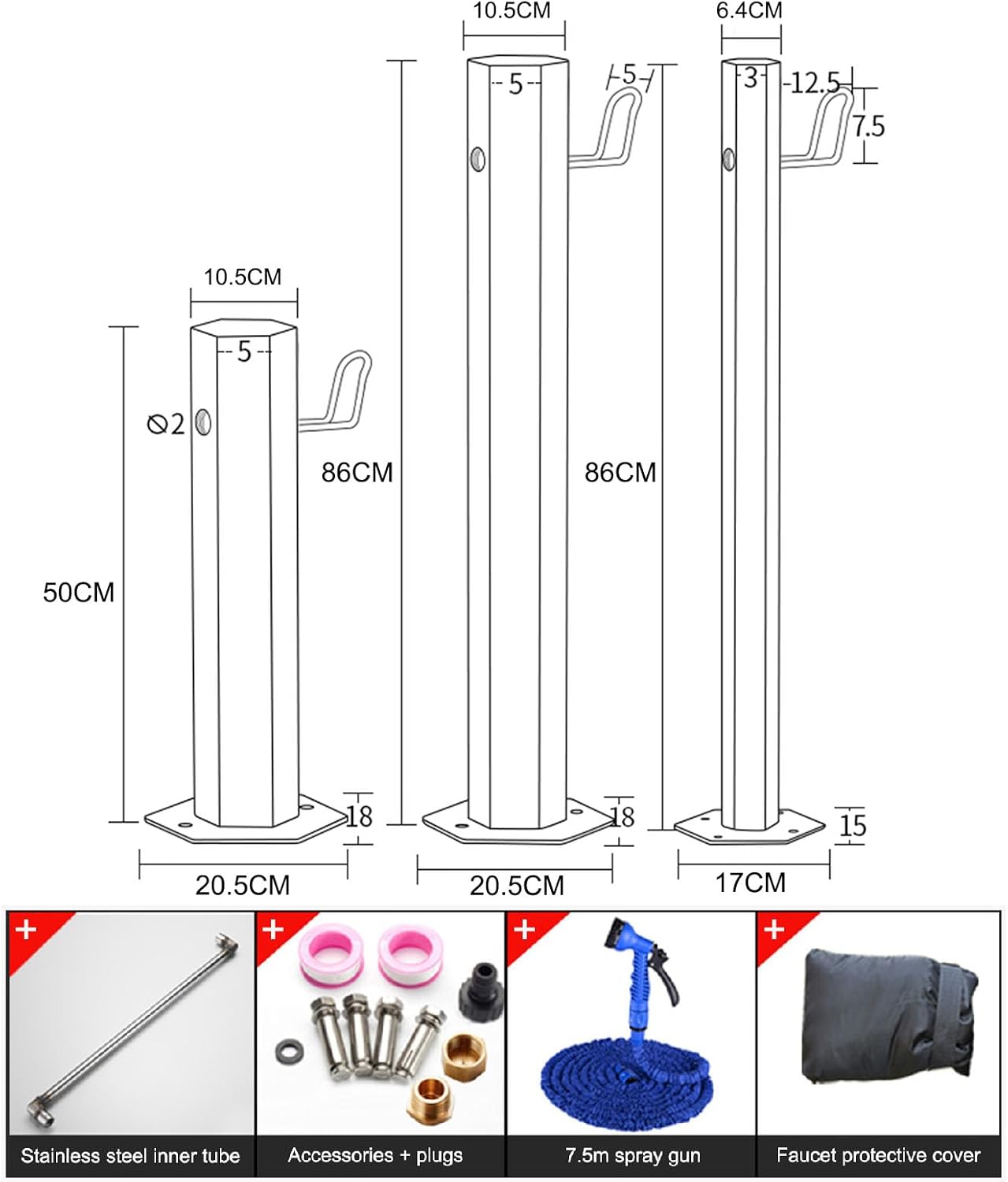 Garden Water Column Water Fountain for Patio Yard, Floor Mounted Water Tap Stainless Steel Water Pipe, Anti-Freeze Crack Standing Faucet for Watering/Irrigation, Water St（Style 3-20.5CM×86CM）