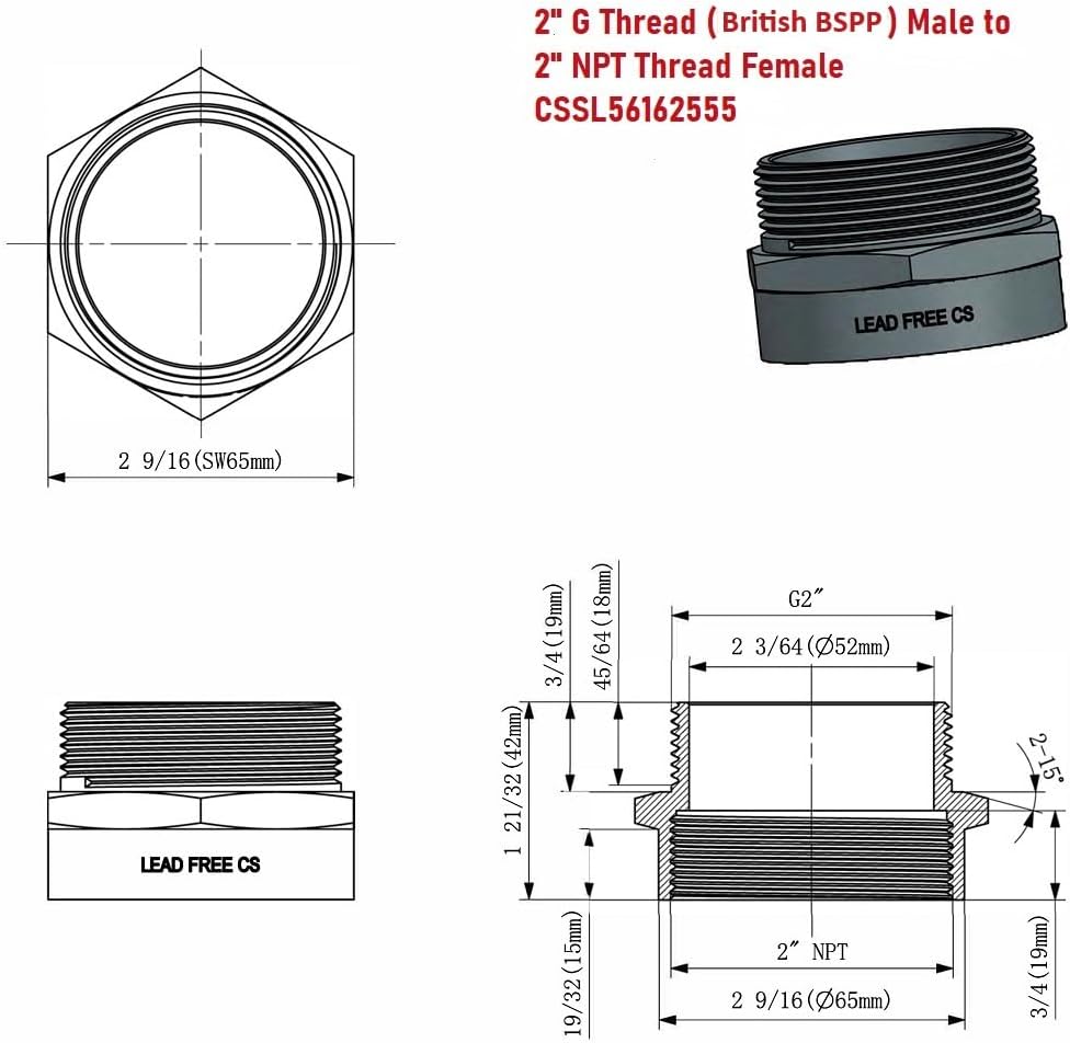 Cascada Lead-Free Brass Adapter, G Thread British BSPP Male to NPT Female (2' x 2' (2 Pieces))